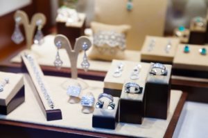 silver jewelry at showcase of store